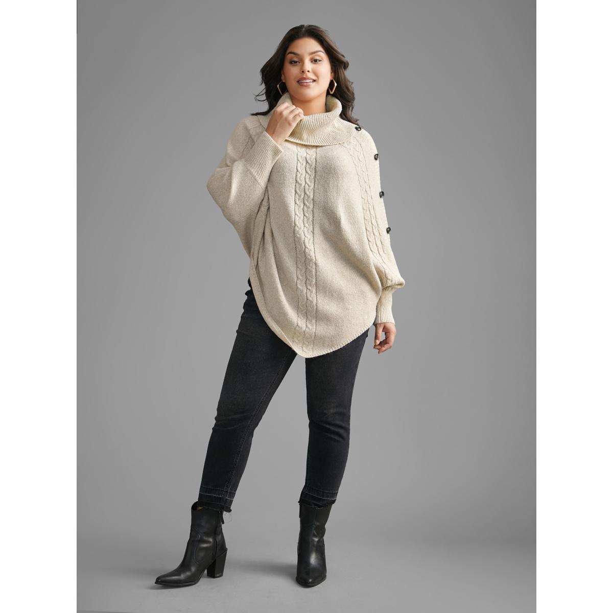Plus Size Turtleneck Cable Knit Asymmetrical Hem Pullover Champagne Women Casual Loose Long Sleeve Ruffled collar Everyday Pullovers BloomChic 28/5X Product Image