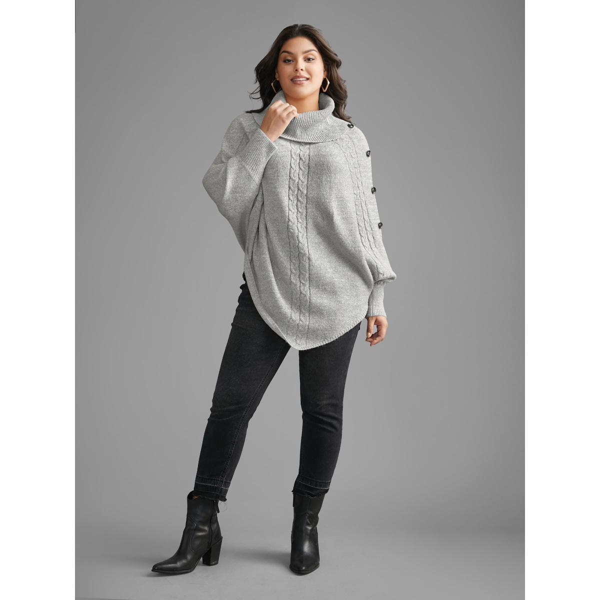 Plus Size Turtleneck Cable Knit Asymmetrical Hem Pullover LightGray Women Casual Loose Long Sleeve Ruffled collar Everyday Pullovers BloomChic 14-16/1X Product Image