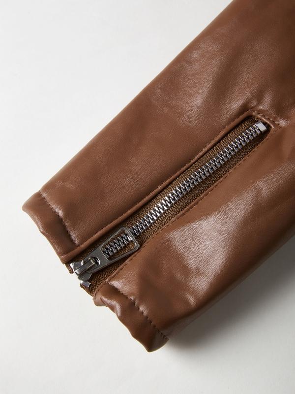 Vintage Brown Zip Up Elastic Hem Leather Jacket Product Image