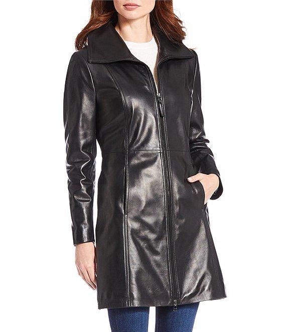 Katherine Kelly Genuine Lamb Leather Zip Front Wing Collar Jacket Product Image