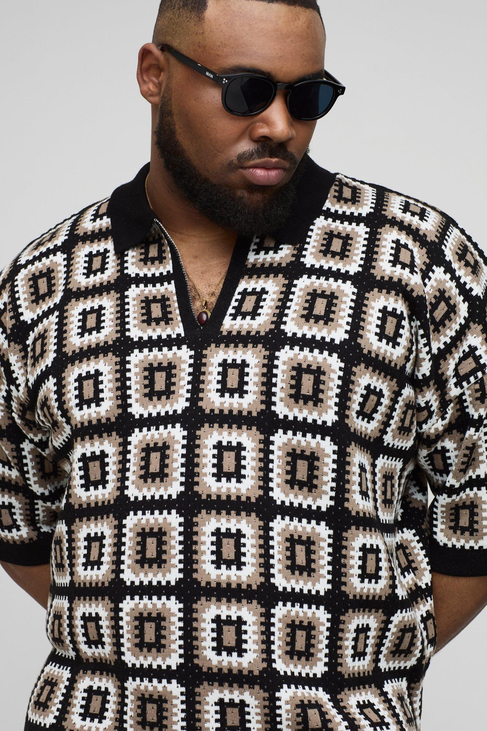 Plus Oversized Boxy Crochet Knit Polo In Black | boohooMAN USA Product Image