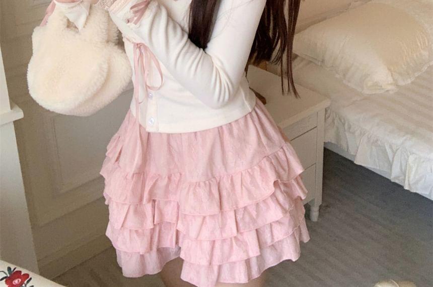 Long-Sleeve Scoop Neck Lace Trim Button-Up Crop Top / High Waist Tiered Mini A-Line Skirt / Plain Fluffy Cardigan Product Image