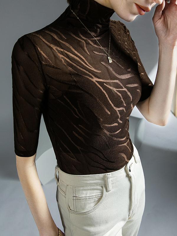 Half Sleeves Plus Size See-Through High Neck T-Shirts Tops Product Image