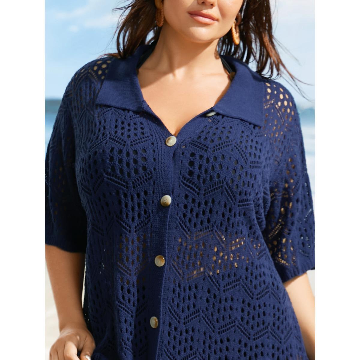 Plus Size Polo Neck Geometric Cut Out Swim Cover Up Women's Swimwear Indigo Beach Loose Texture Curve Swim Cover Ups BloomChic 14-16/1X Product Image