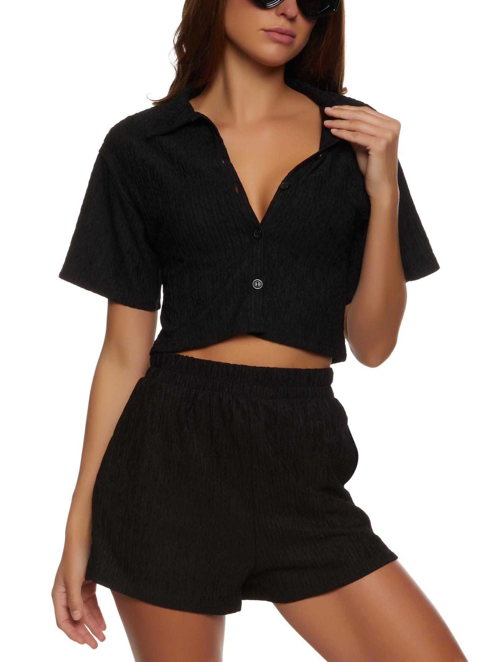 Womens Textured Knit Cropped Button Front Shirt Product Image