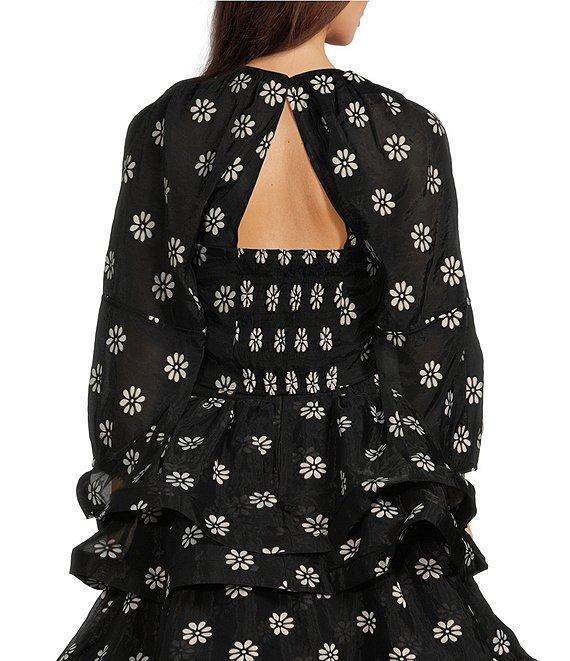 Buru Woven Brocade Floral Print Sweetheart Neck Long Balloon Sleeve Smocked Keyhole Back Cropped Coordinating Bustier Top Product Image