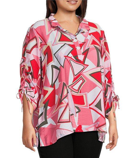 Ali Miles Plus Size Abstract Print Wire Collar 3/4 Cinch Tie Sleeve Tunic Product Image