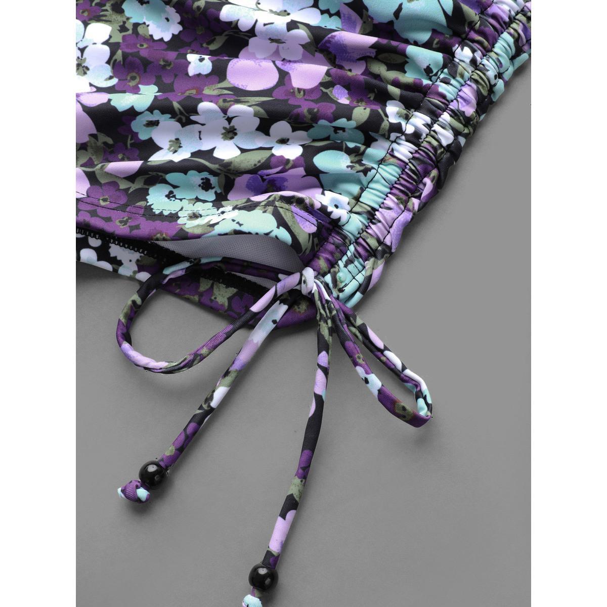 Plus Size Floral Print Stretchy Drawstring Swim Bottoms Women's Swimwear Eggplant Beach Drawstring High stretch Skinny High Rise Curve Swim Bottoms BloomChic 22-24/3X Product Image