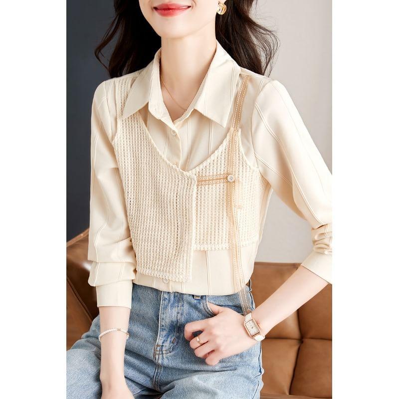 Long-Sleeve Collared Mock Two-Piece Asymmetrical Perforated Panel Button-Up Blouse Product Image