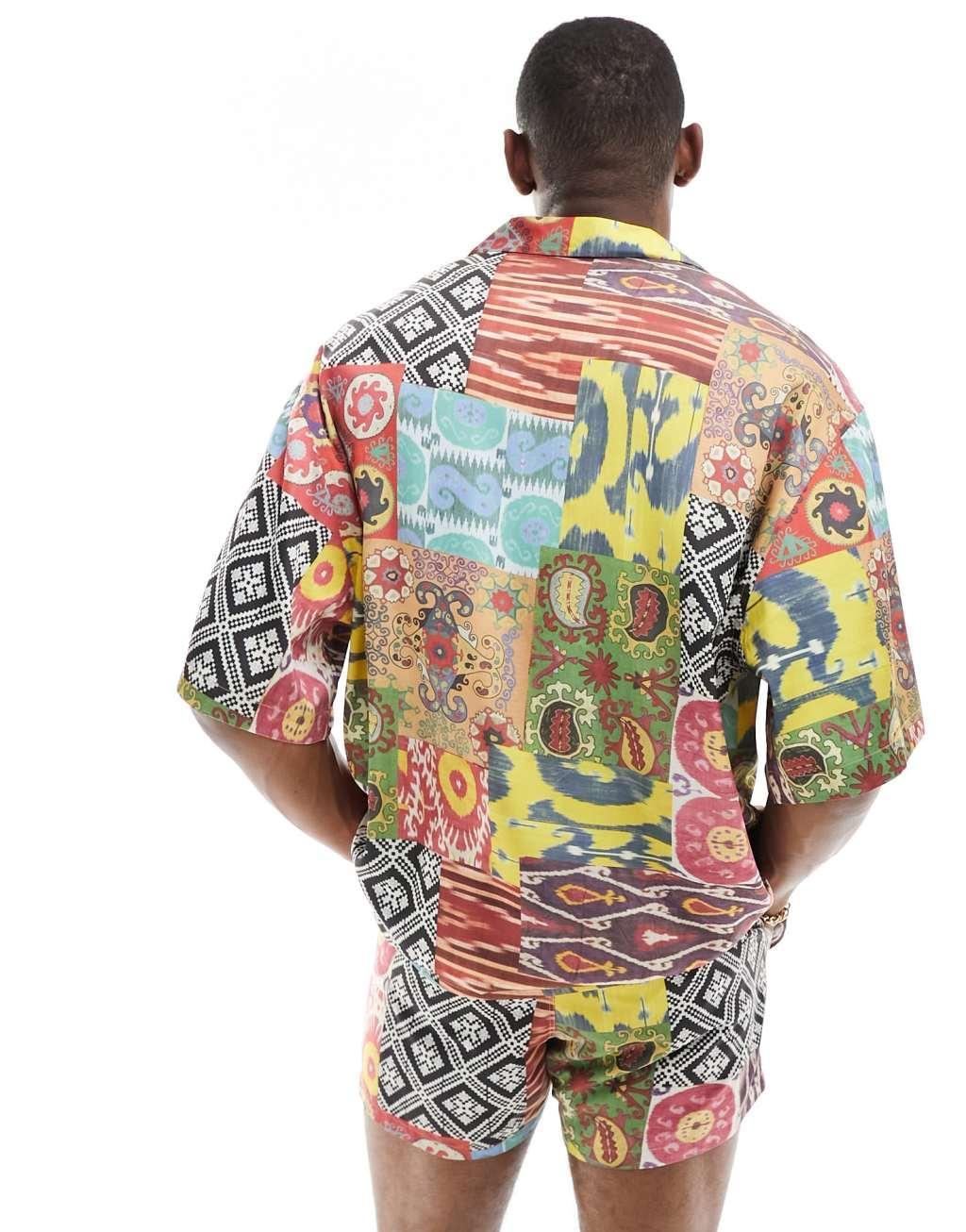 ASOS DESIGN oversized revere shirt in patchwork print - part of a set Product Image
