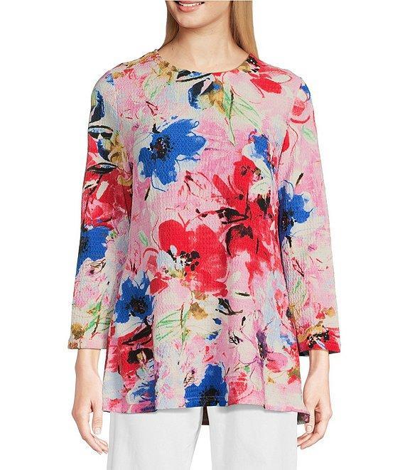 Calessa Antique Floral Print Crew Neck 3/4 Sleeve Tunic Product Image