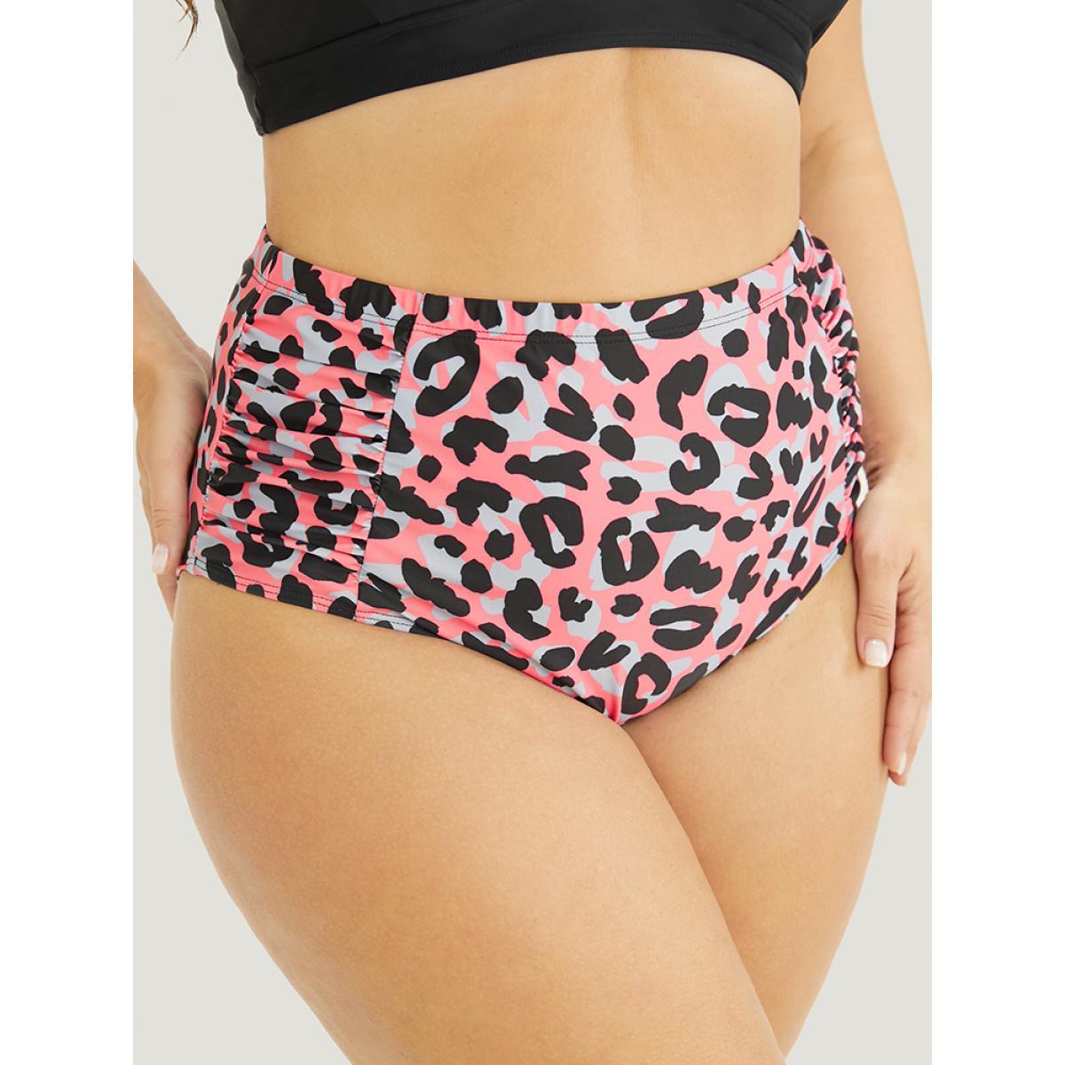 Plus Size Leopard Print Ruched Detail Bikini Bottom Women's Swimwear OrangeRed Vacation Gathered High stretch Skinny High Rise Curve Swim Bottoms BloomChic 18-20/2X Product Image