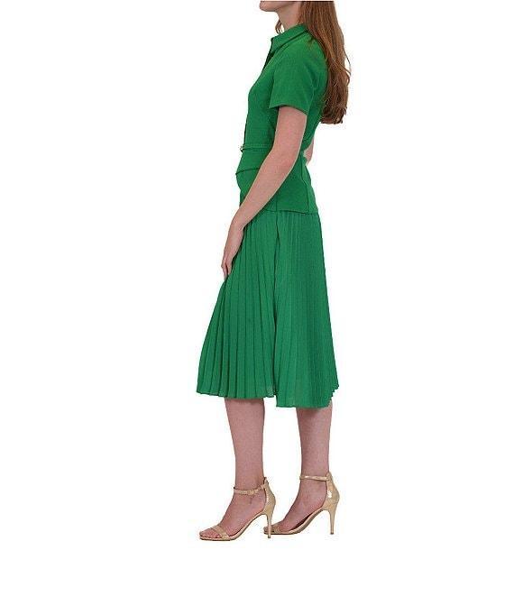 Julia Jordan Mix Media Point Collar Neck Short Sleeve Pleated Belted A-Line Midi Dress Product Image