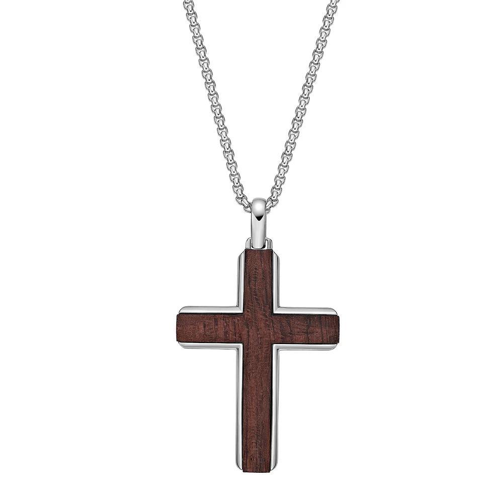 Mens LYNX Stainless Steel & Bubinga Wood Polished Cross Pendant Necklace Product Image