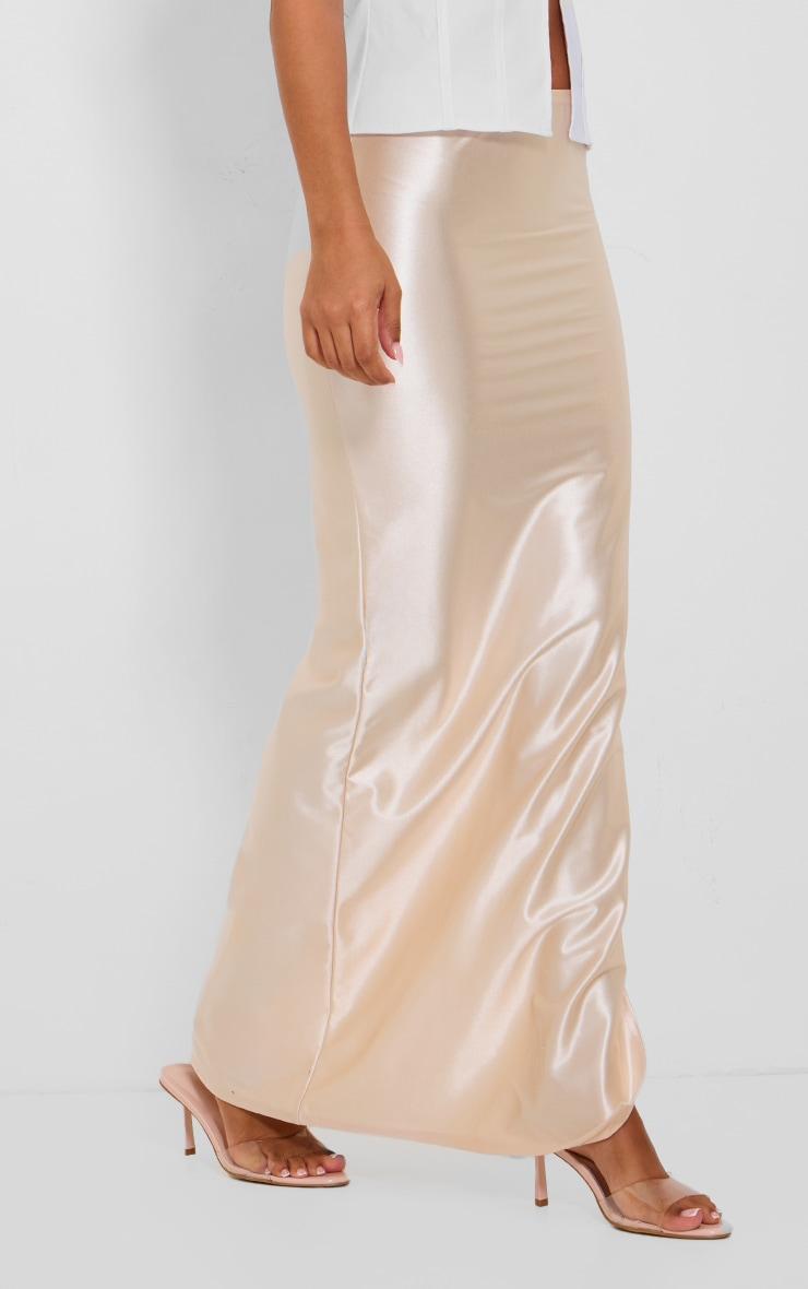 Petite Champagne Stretch Satin Split Side Maxi Skirt Product Image