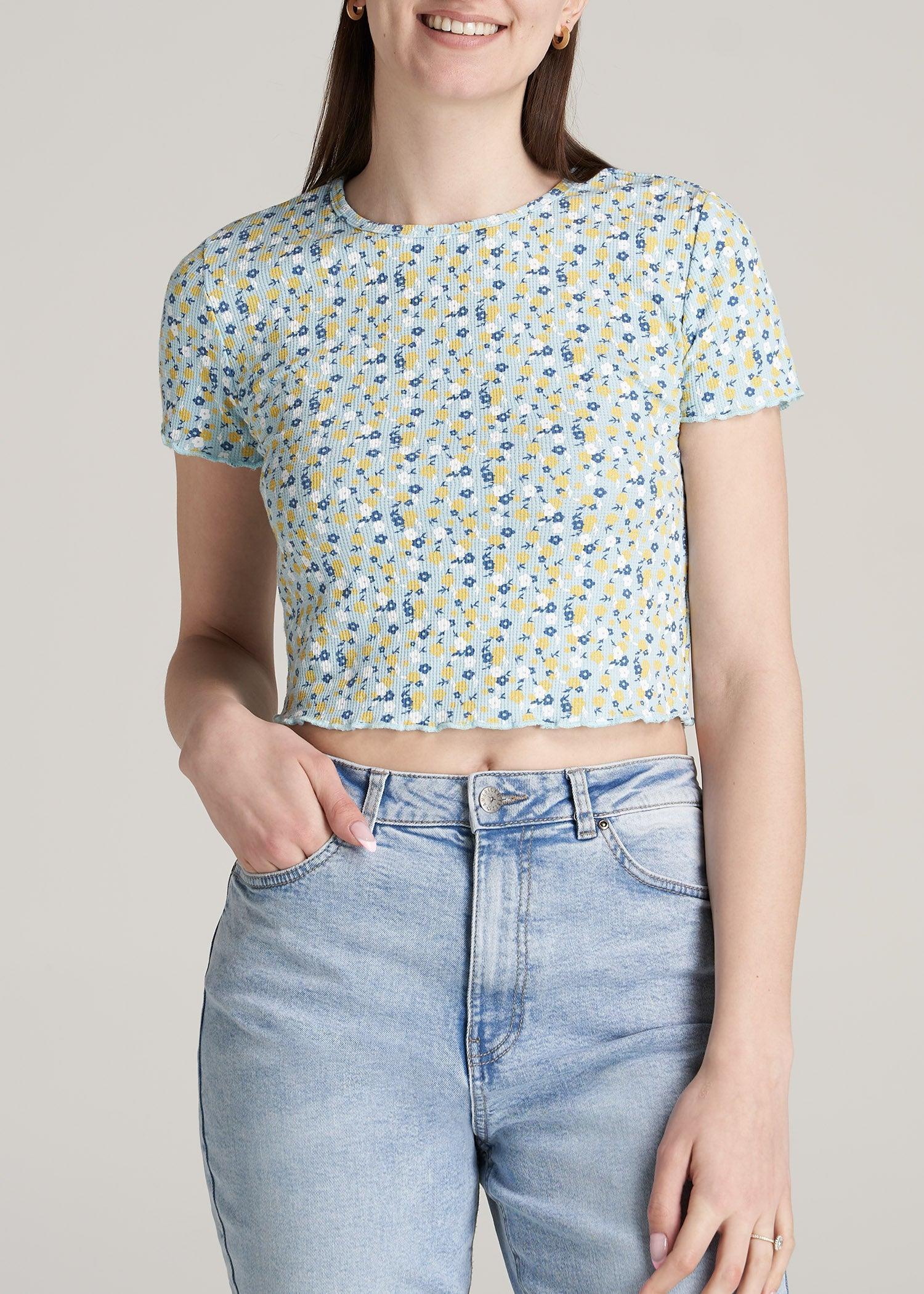 Cropped Waffle Tee for Tall Women in Corydalis Blue Floral Product Image