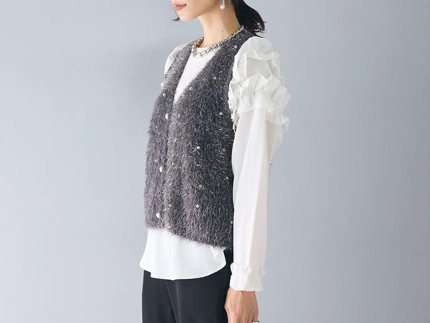 Fluffy Pearl Button V-Neck Sleeveless Vest Product Image