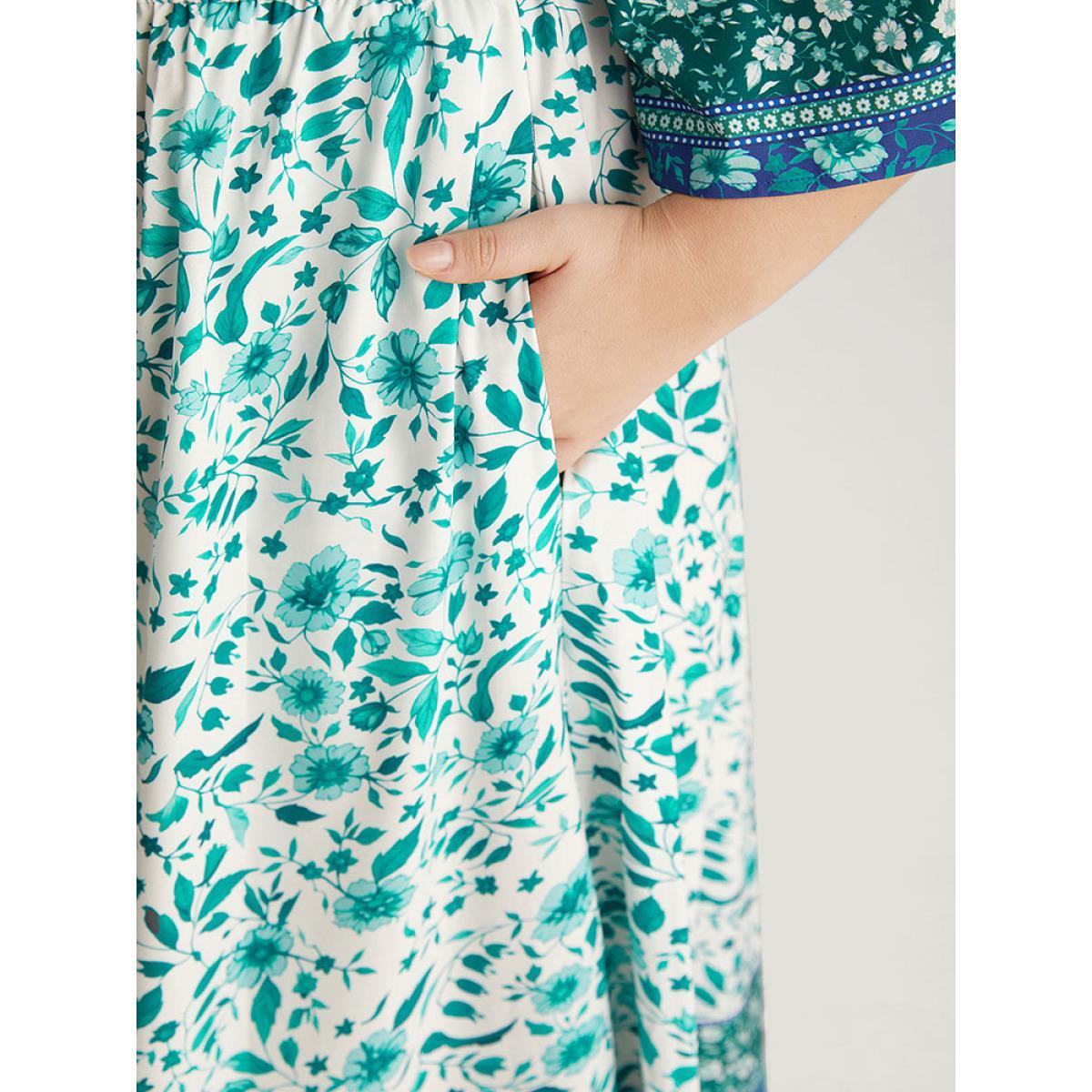 Plus Size Floral Print Patchwork Square Neck Raglan Sleeve Dress Emerald Women Vacation Gathered Square Neck Half Sleeve Curvy Midi Dress BloomChic 12/L Product Image