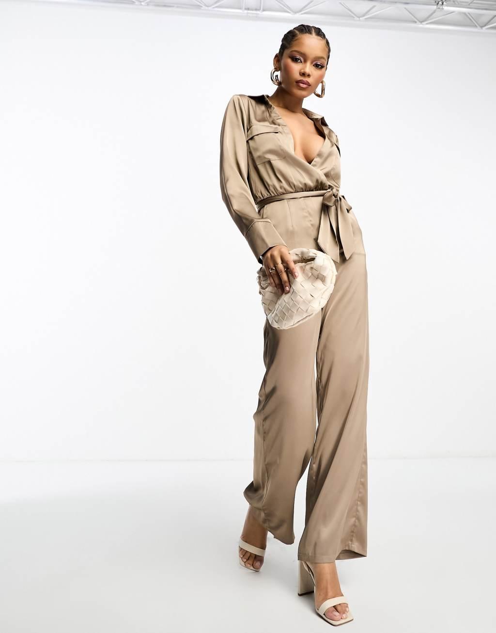 Pretty Lavish satin tie waist utility jumpsuit in mocha Product Image