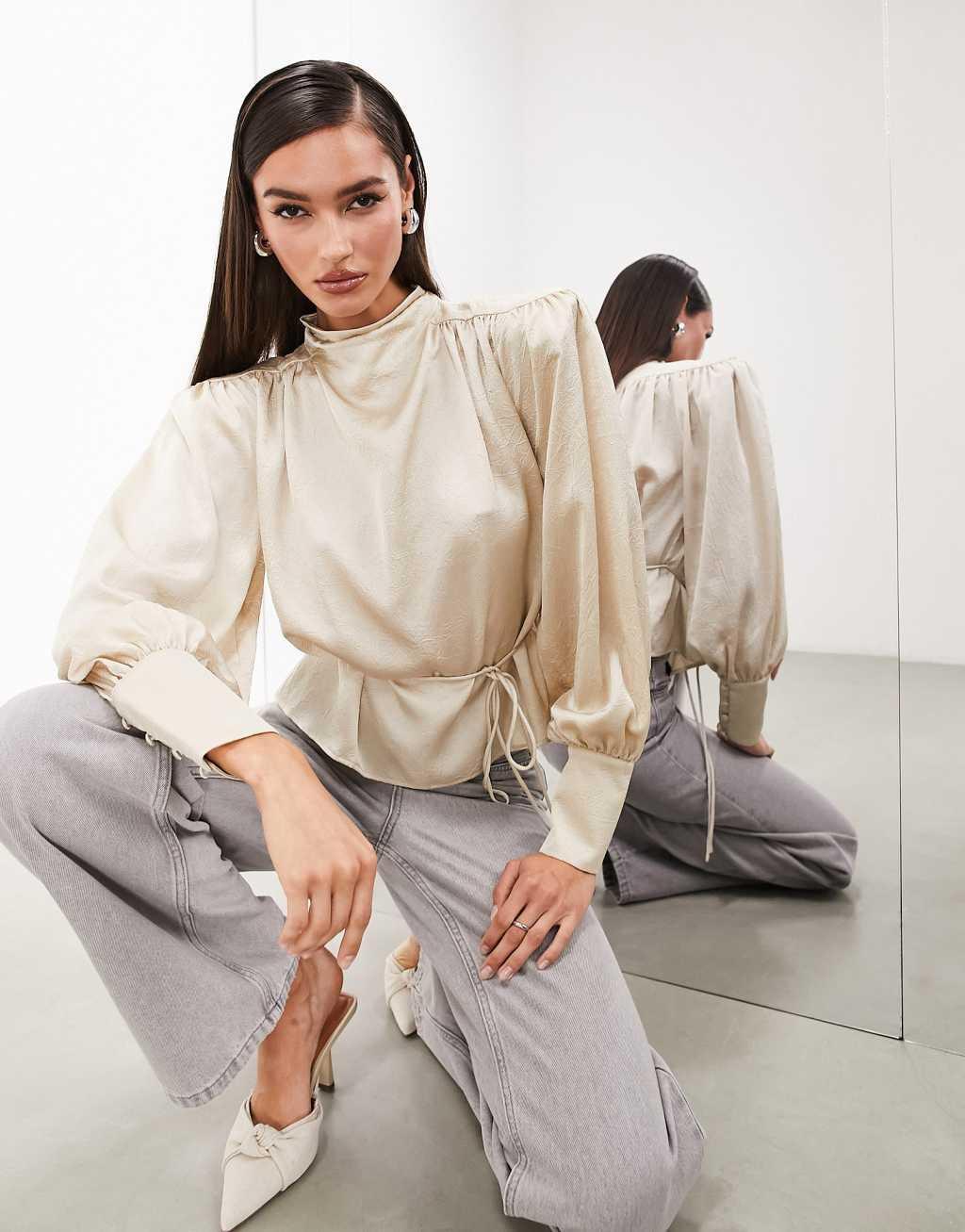 ASOS EDITION hammered satin bold shoulder cropped blouse with removable tie Product Image