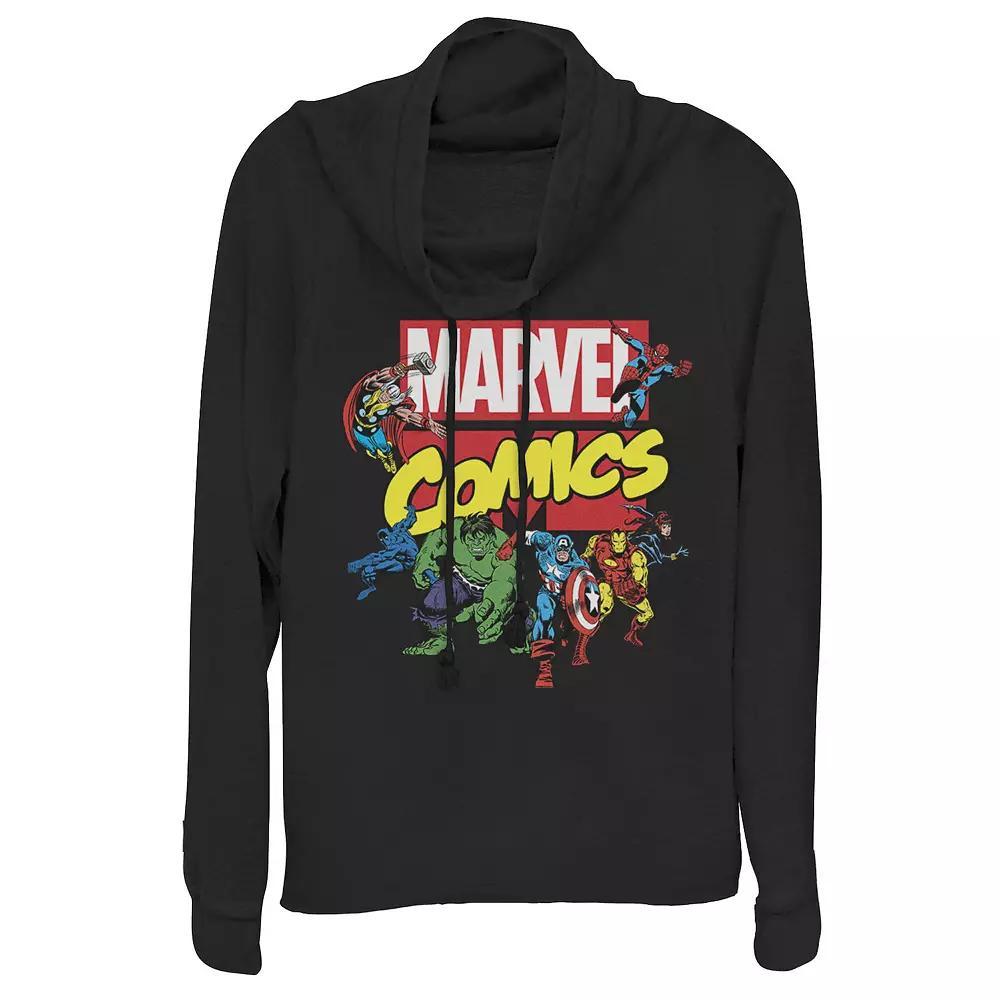 Juniors' Marvel D23 Exclusive Avengers Retro Comic Group Shot Logo Cowlneck Graphic Lightweight Long Sleeve, Girl's, Size: XL, Black Product Image