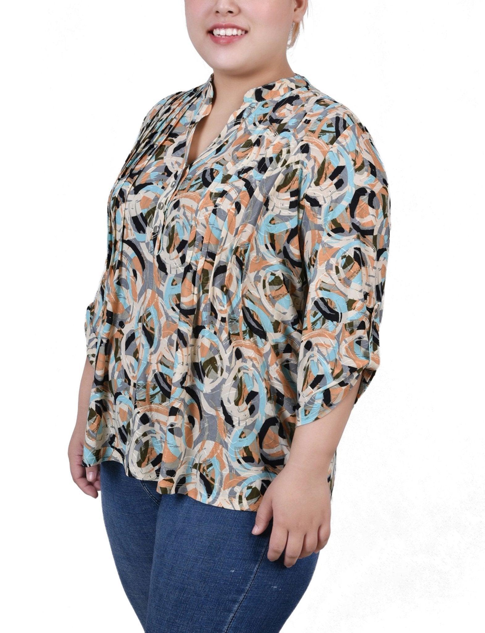 Multi Abstract 3/4 Sleeve Roll Tab Y Neck Top - Plus Product Image
