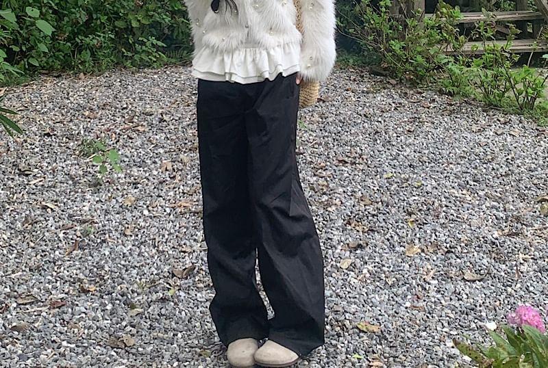 V-Neck Furry Beaded Crop Cardigan Product Image