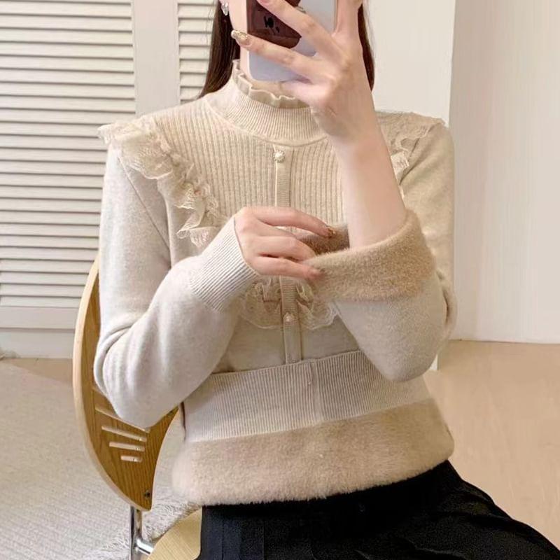 Long-Sleeve Mock Neck Plain Faux Pearl Accent Lace Panel Frill Trim Knit Top Product Image