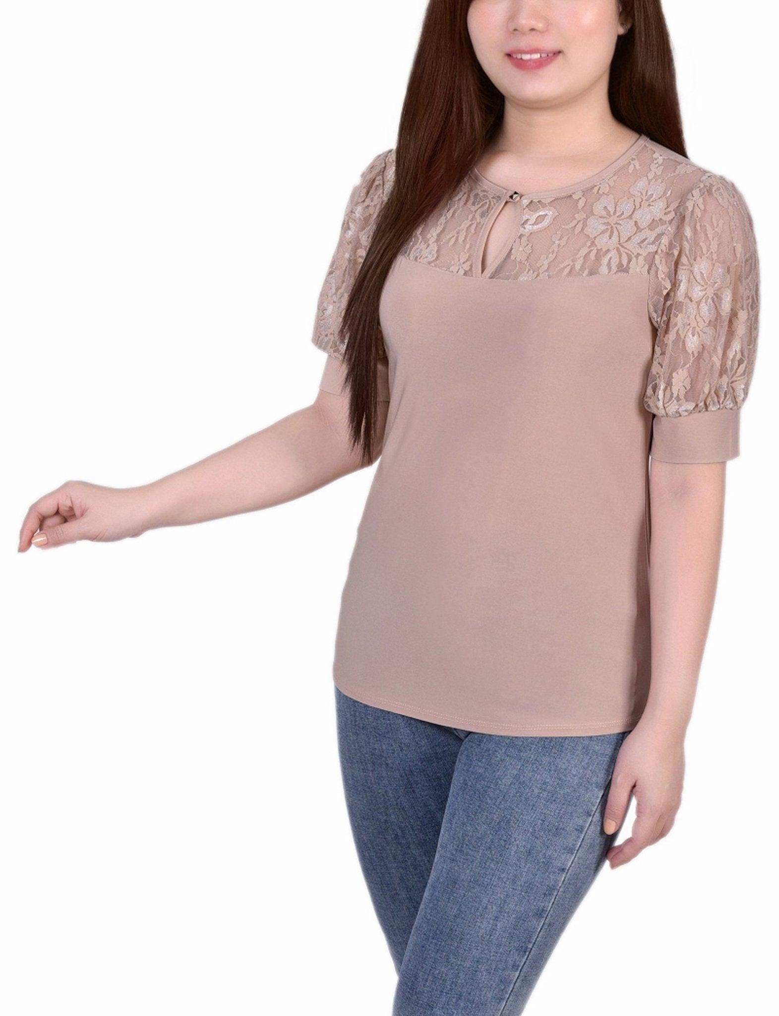 Doeskin Short Puff Sleeve Top With Lace Sleeves And Yoke - Petite Product Image