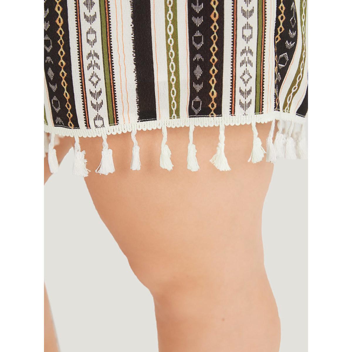 Plus Size Multicolor Boho Print Shirred Cut Out Tassel Trim Romper Women Elegant Short sleeve V-neck Dailywear Loose Jumpsuits BloomChic 28/5X Product Image