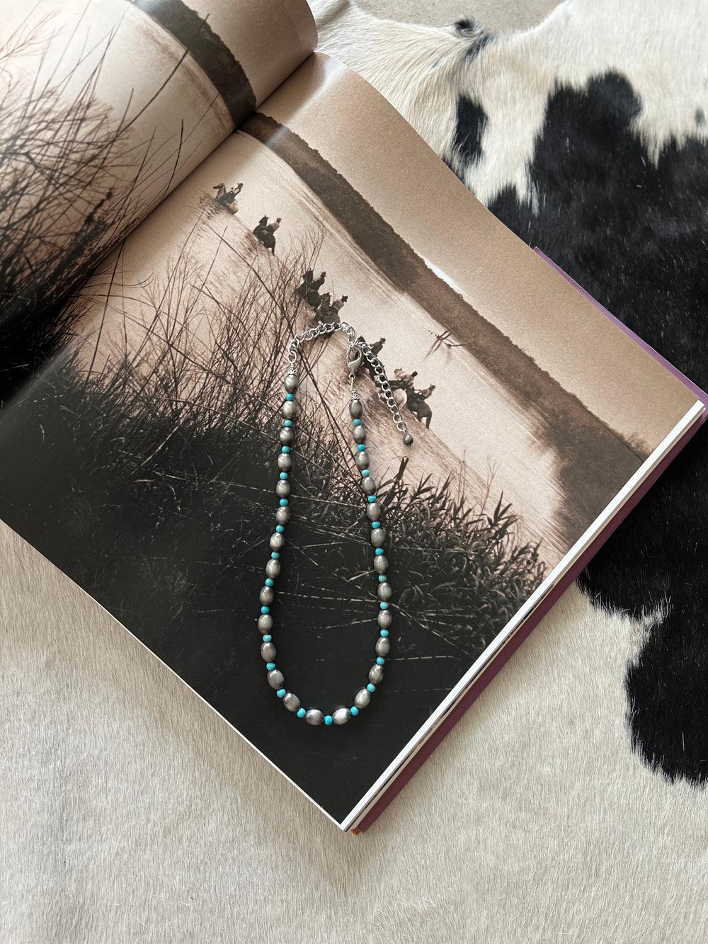 Navajo Inspired Silver and Turquoise Patterned Beaded Necklace Product Image