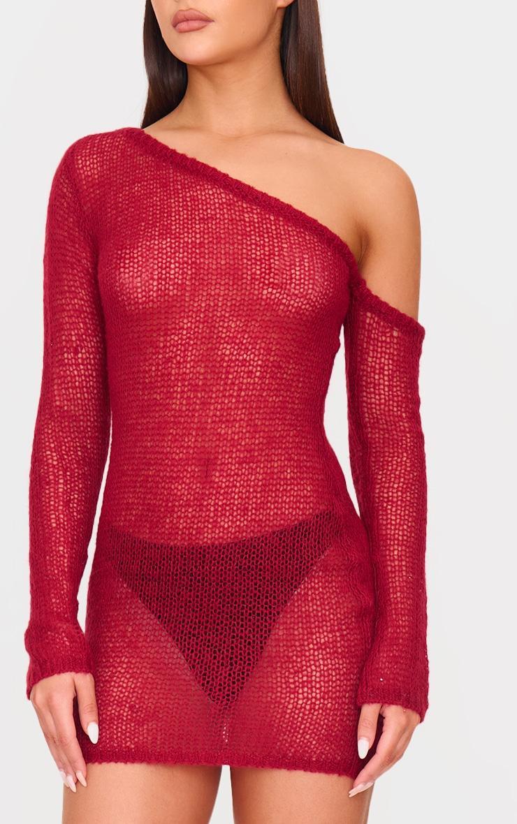 Red Textured Knit Asymmetric Shoulder Mini Dress Product Image