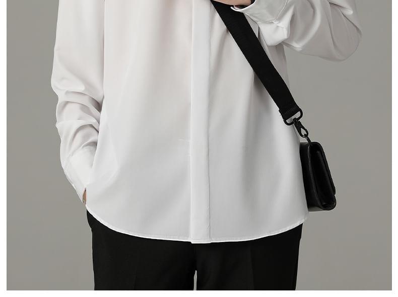 Long Sleeve Band Collar Plain Shirt Product Image