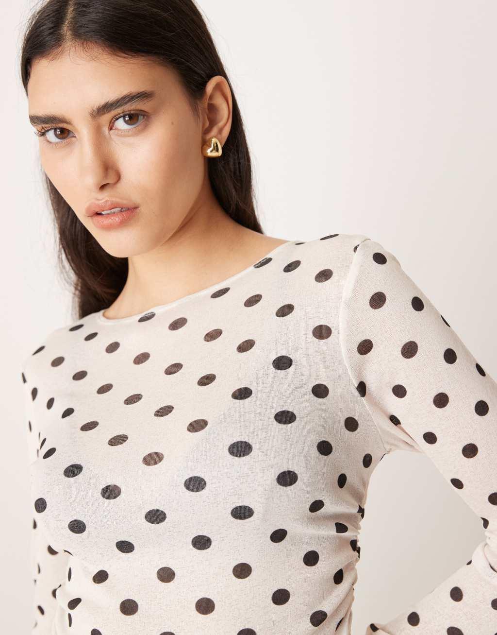 ASOS DESIGN fitted polka dot mesh long sleeve top in cream Product Image