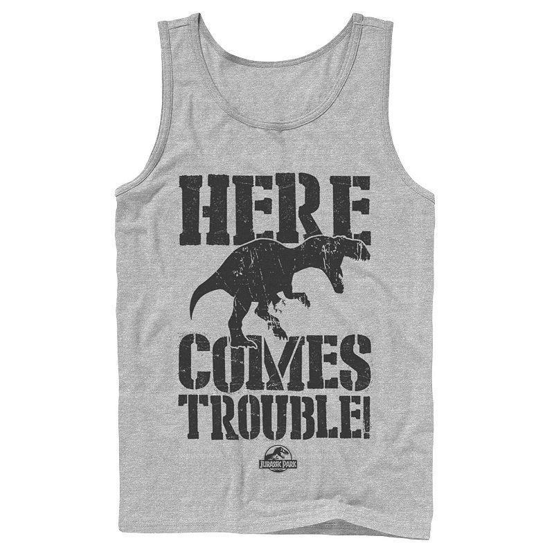 Men's Jurassic Park Here Comes Trouble Tank Top, Size: Small, Grey Product Image