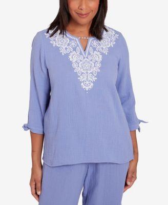 Alfred Dunner Womens Summer Breeze Embroidered Top with Tie Sleeves Product Image