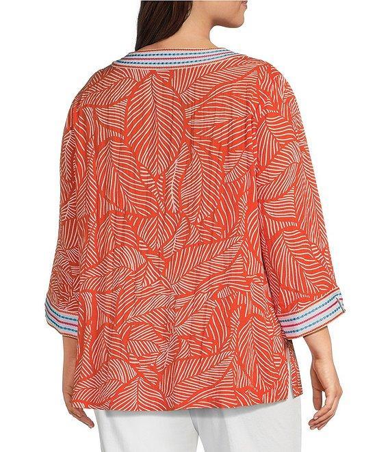 John Mark Plus Size Embroidered Allover Tropical Leaf Print Split V-Neck 3/4 Sleeve Tunic Product Image