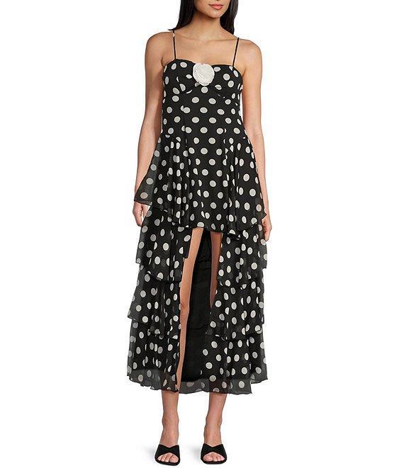 City Vibe Polka Dot Bandeau Bodice Spaghetti Strap Rosette Front High-Low Ruffled Tiered Dress Product Image