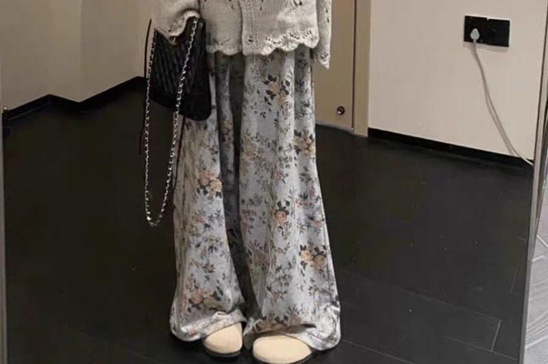 Collar Plain Pointelle Knit Oversized Cardigan Product Image