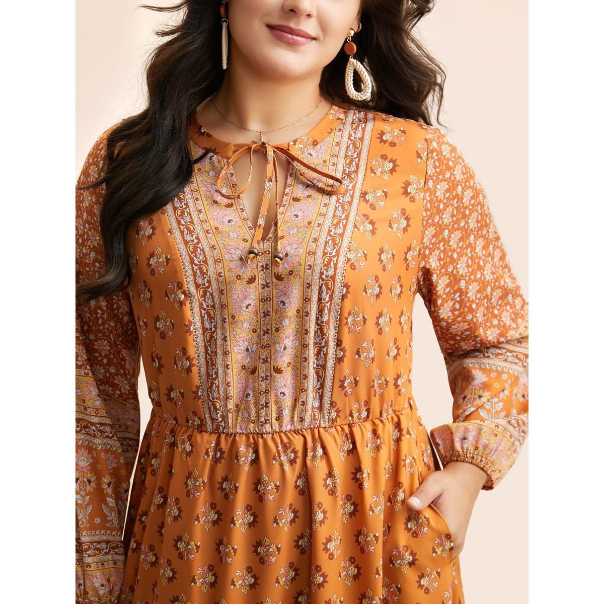Plus Size Boho Print Tie Knot Midi Dress Turmeric Women Resort Tie knot V-neck Long Sleeve Curvy BloomChic 30/6X Product Image