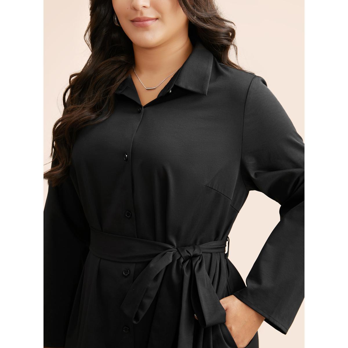 Plus Size Shirt Collar Curved Hem Midi Dress Black Women At the Office Belted Shirt collar Long Sleeve Curvy BloomChic 18-20/2X Product Image