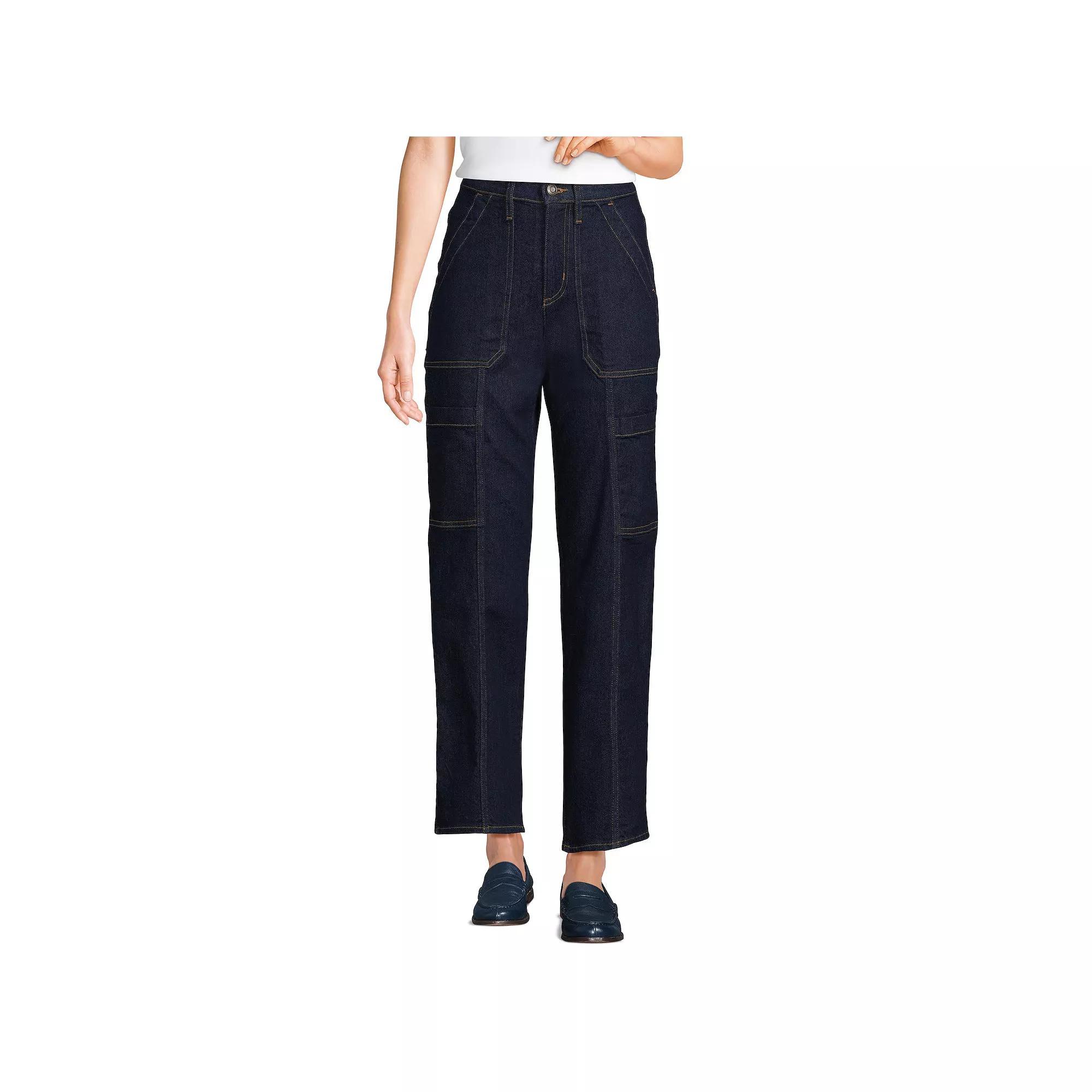 Women's Lands' End High-Rise Utility Cargo Ankle Jeans, Size: 14, River Rinse Product Image