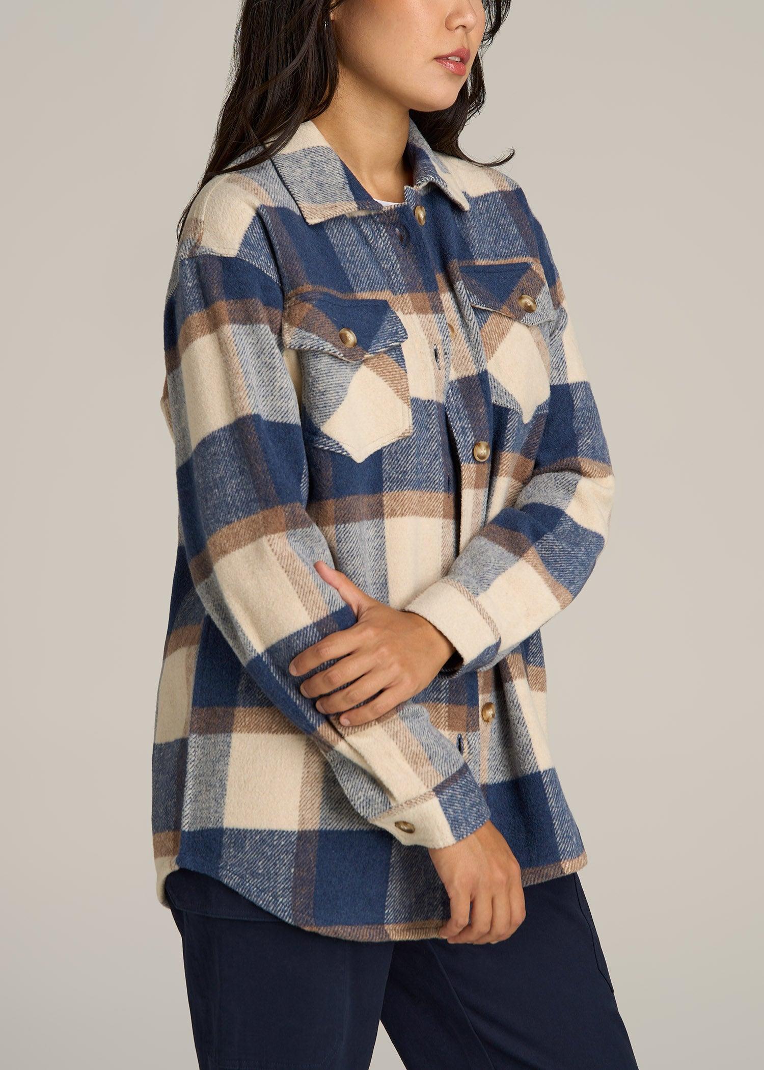 Flannel Women's Tall Shacket in Cream and Denim Blue Paid Product Image