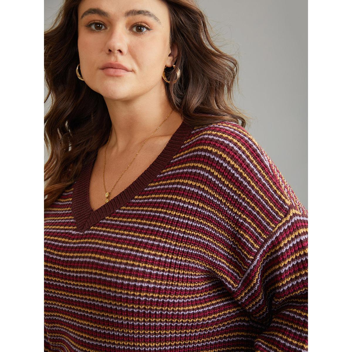 Plus Size Textured Striped Drop Shoulder Pullover Multicolor Women Casual Loose Long Sleeve V-neck Dailywear Pullovers BloomChic 28/5X Product Image