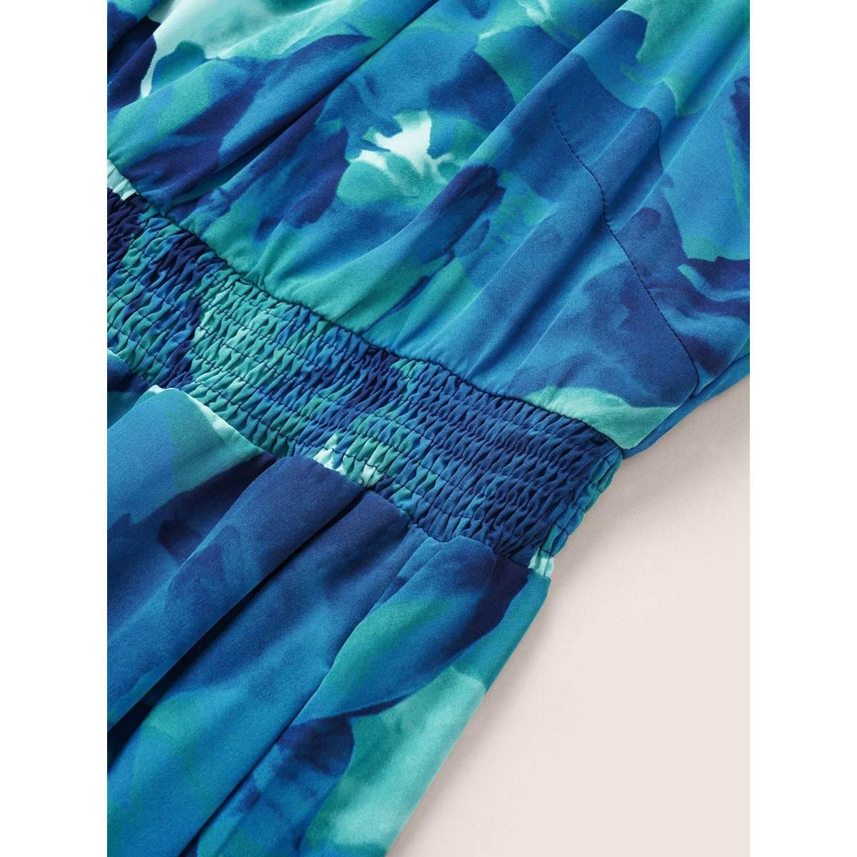 Plus Size Square Neck Floral Shirred Ruffle Sleeve Dress Blue Women Elegant Non Square Neck Short sleeve Curvy Midi Dress BloomChic 26/4X Product Image