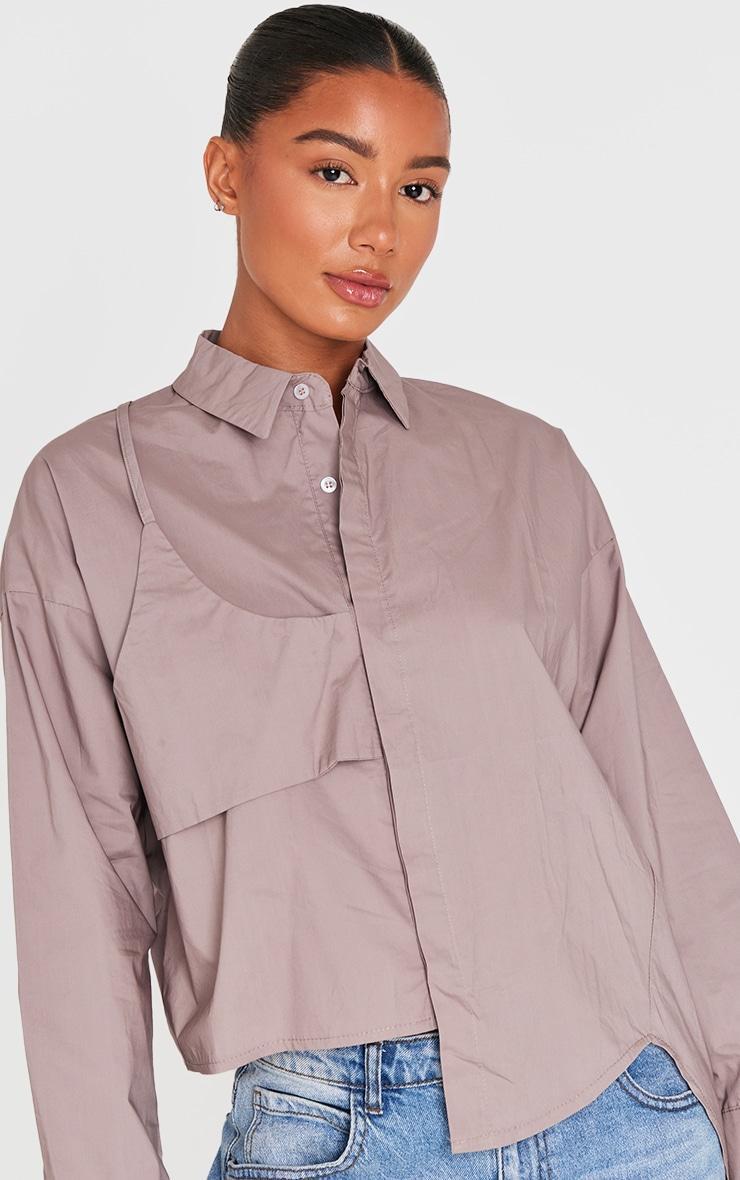 Taupe Oversized Asymmetric Strap Detail Shirt Product Image