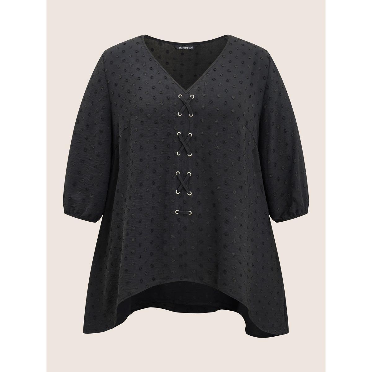 Plus Size Black Texture Drawstring Lantern Sleeve Arc Hem Blouse Women Casual Elbow-length sleeve V-neck Everyday Blouses BloomChic 12/L Product Image