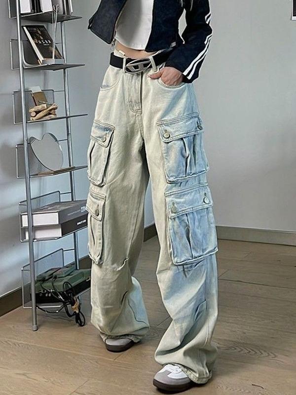 Hip Pop Multi Pocket High Rise Cargo Jeans Product Image