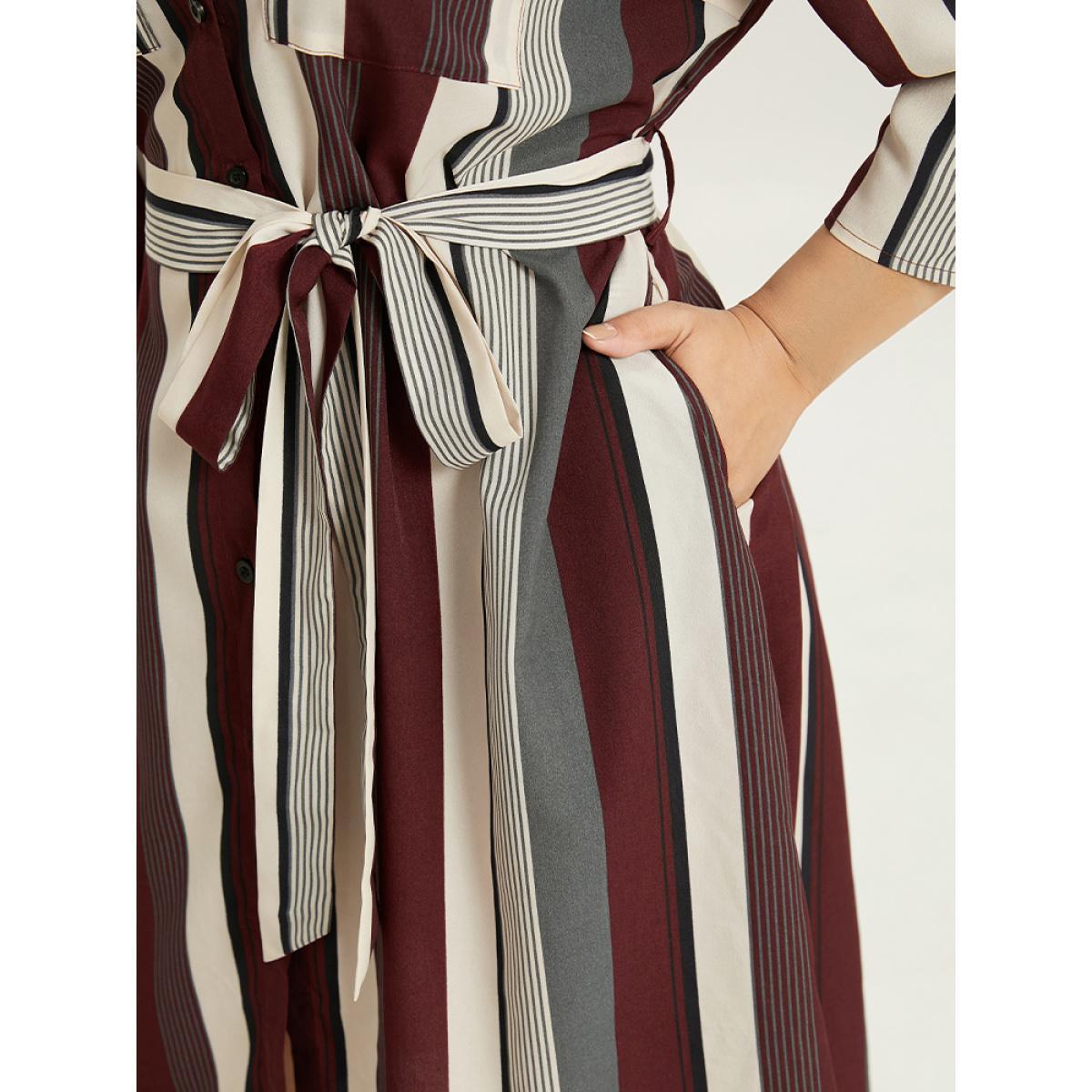 Plus Size Striped Contrast Pocket Button Through Belted Shirt Collar Dress Multicolor Women Work From Home Belted Shirt collar Elbow-length sleeve Curvy Midi Dress BloomChic 26/4X Product Image