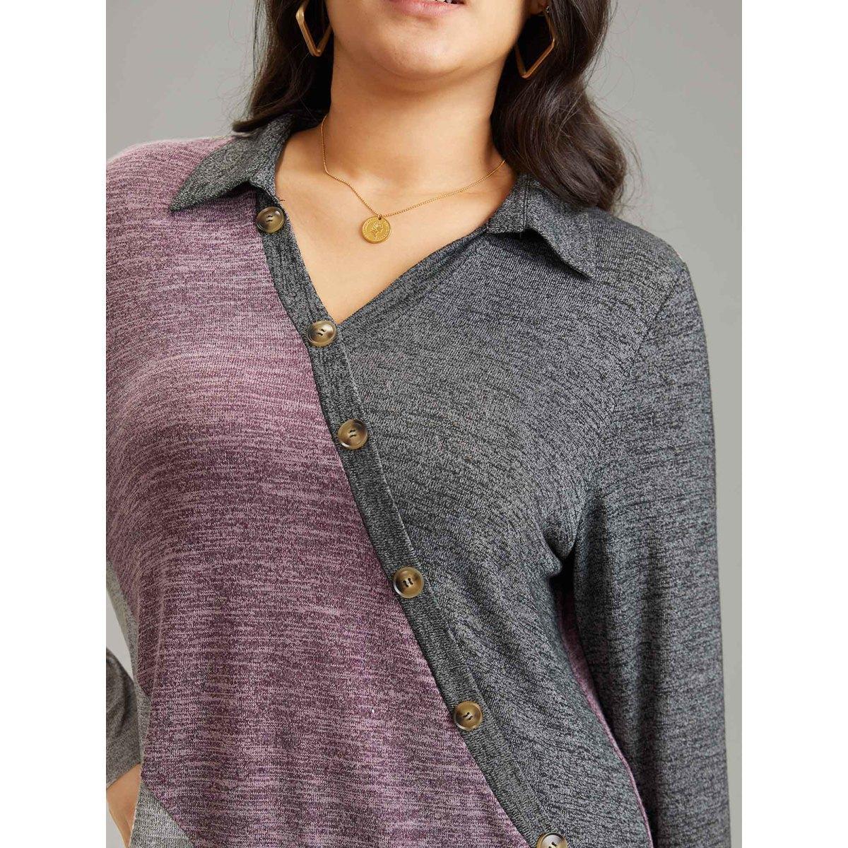 Plus Size Contrast Heather V Neck Button Detail T-shirt Multicolor Women Elegant Heather Plain V-neck Dailywear T-shirts BloomChic 26/4X Product Image
